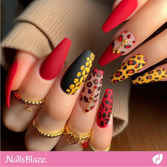 Red and Yellow Nails Leopard Print Design | Animal Print Nails - NB2577